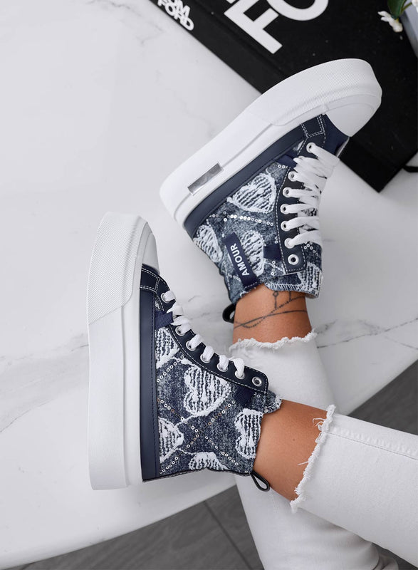 BARTH - Sneakers alte blu jeans scuro a fantasia