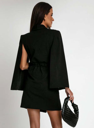 Black dress with gold buttons and cape sleeves