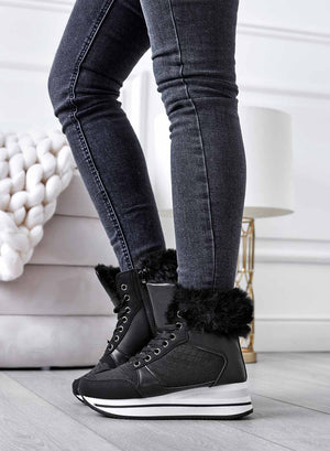 Black sneakers with faux fur trim and lining