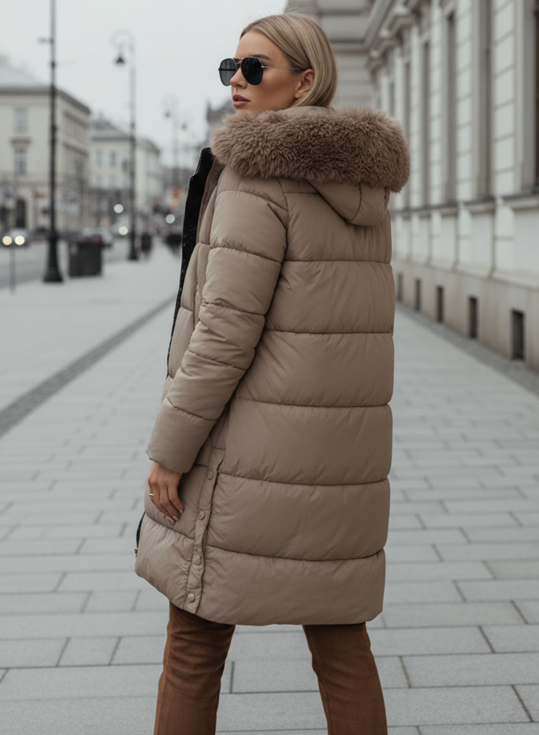 Long mud-colored padded jacket with faux fur hood