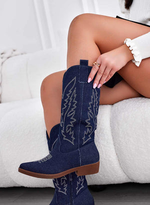 JENNIE - Blue denim camperos ankle boots with embroidery