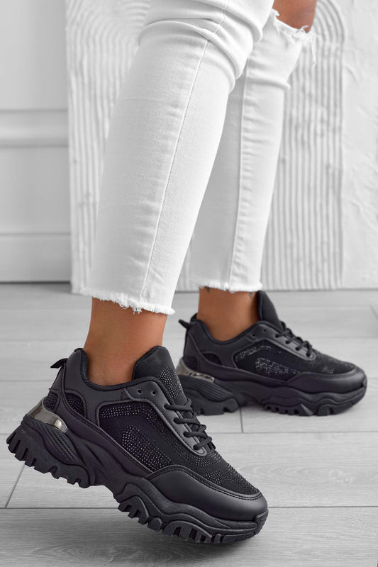 AMOR - Sneakers nere con suola spessa e strass