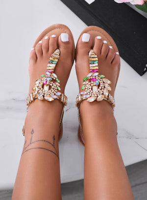HELLEN - Gold jeweled thong sandals with multicolor stones
