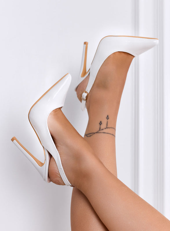 SHADOW - Décolleté bianche in vernice con cinturino slingback e tacco 12 cm