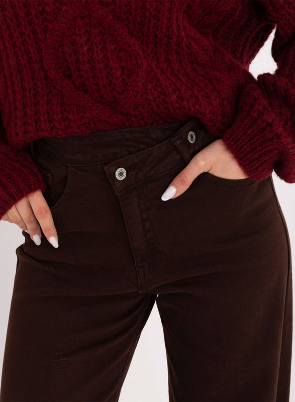 Pantalone Marrone a Gamba Larga con Vita Alta