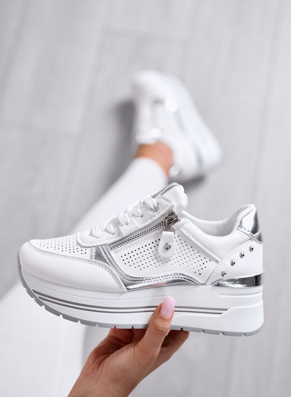 ENEA - White Sneakers with Side Zip and Silver Details