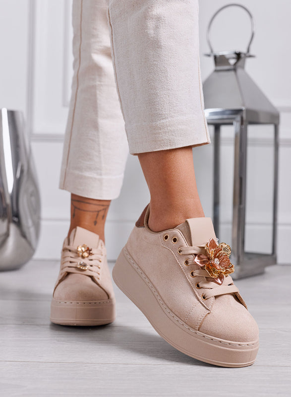 GWENDA - Sneakers Donna Beige con Fiore Gioiello e Suola Platform