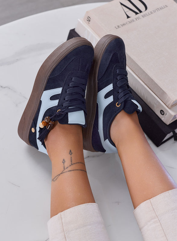 NASTIA - Sneakers Donna blu Scamosciate con Nappine e Perline