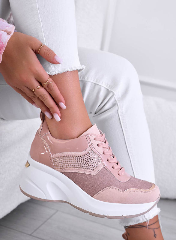 XENIA - Sneakers rosa con zeppa e strass