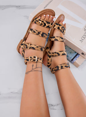 LILY - Low leopard-print sandals with gold studs and buckles