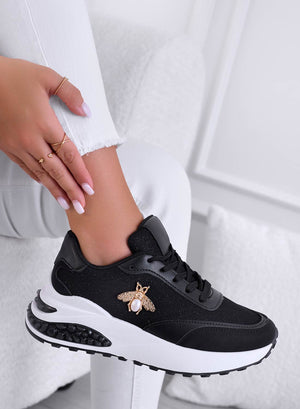 CAMERON - Black sneakers in laminated fabric with gold bee