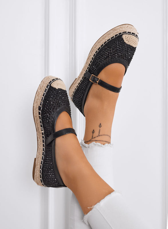 MARIKA - Espadrillas nere con strass e cinturino su suola in corda