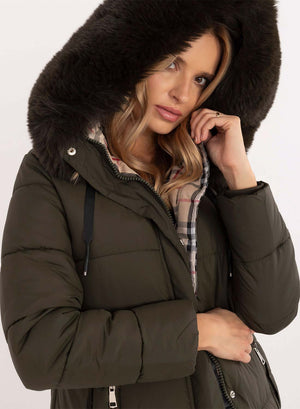 Long green padded jacket with faux fur hood
