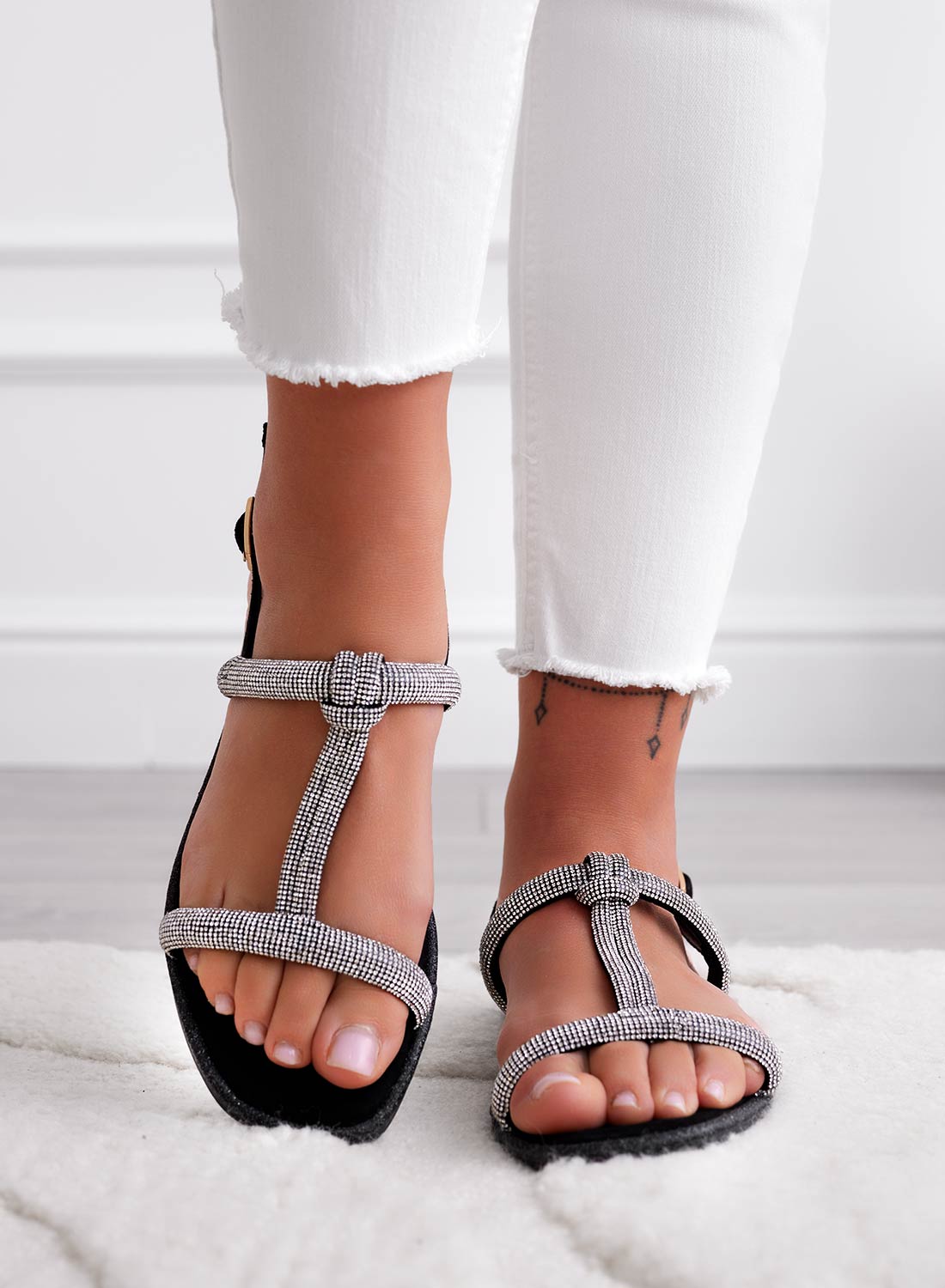 JASY - Black flat sandals with jeweled straps