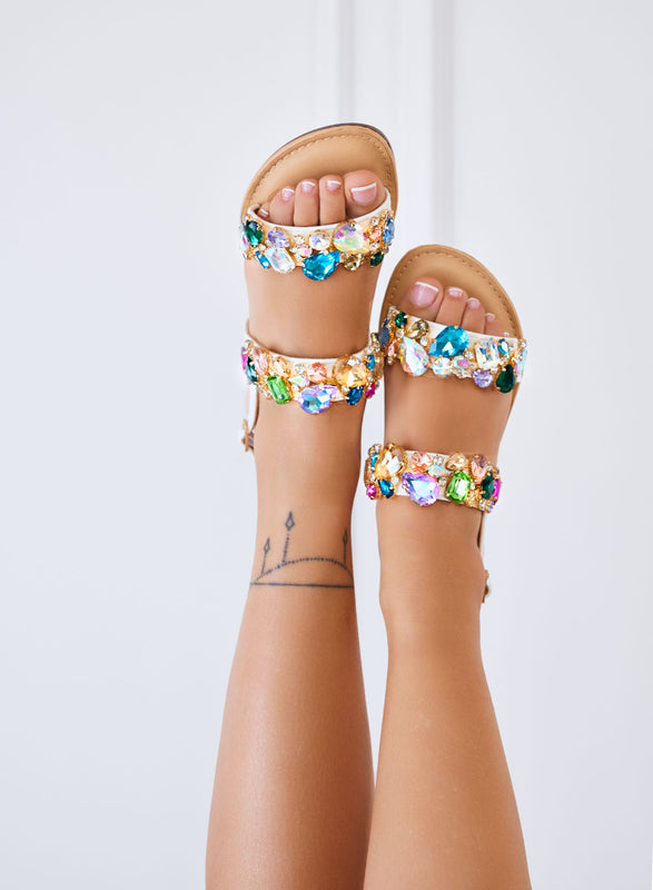 DIAMOND - Sandali bianchi Bassi con Pietre Gioiello multicolor e Cinturino