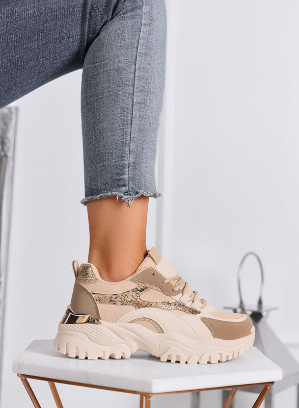 LUCINDA - Sneakers chunky beige con dettagli animalier e suola alta