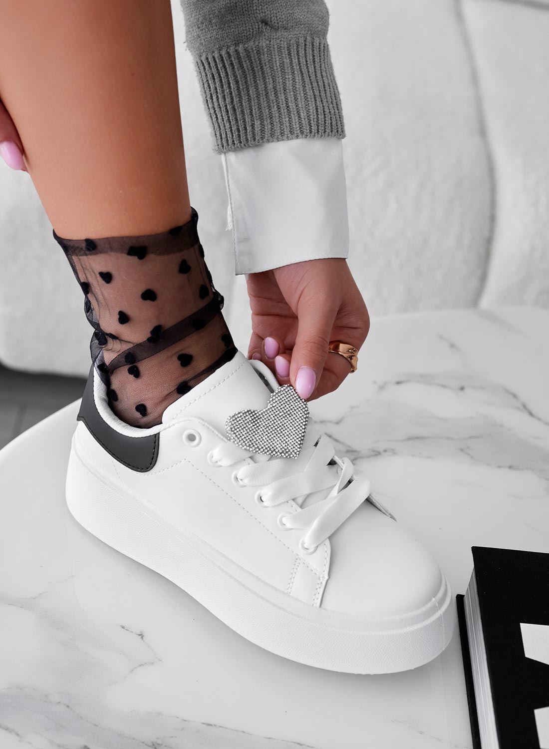 BELINDA - Sneakers bianche con cuore in strass argento
