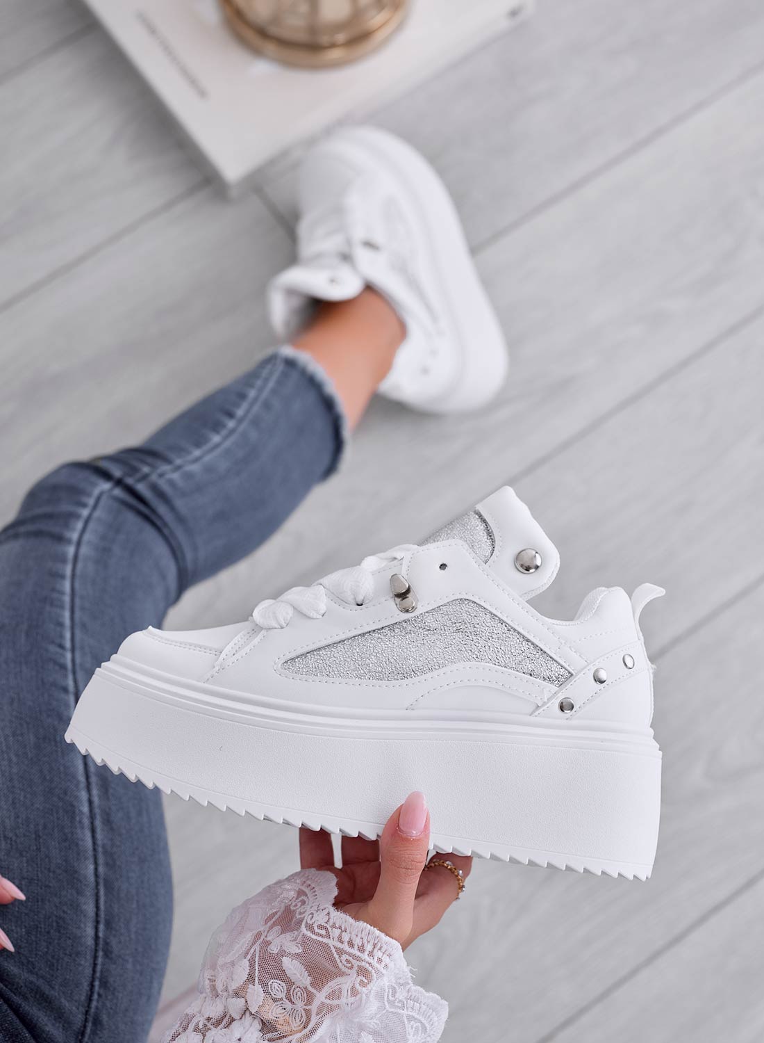 LUCILLA - White sneakers with wedge heel and silver laminated inserts