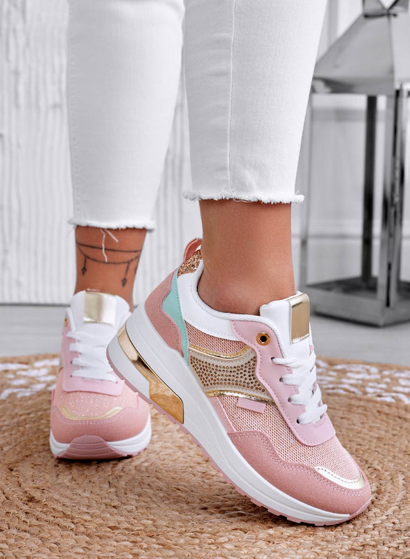 GRETA - Sneakers rosa con zeppa e inserti oro
