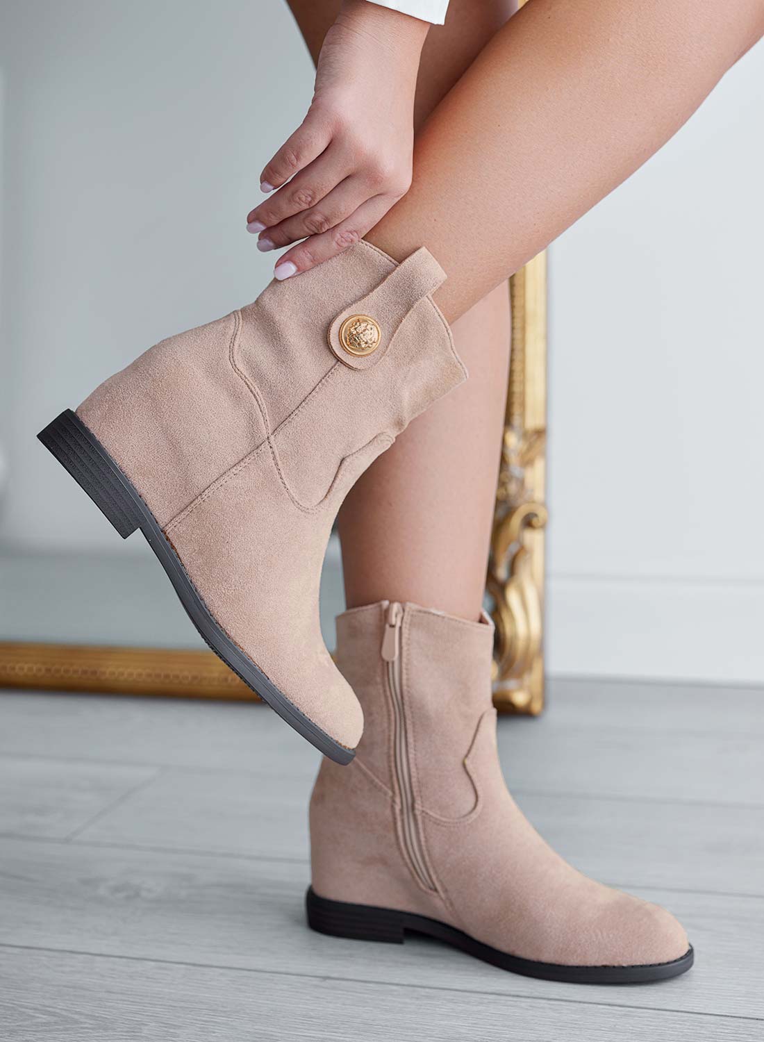 Alexoo beige ankle boots with gold button