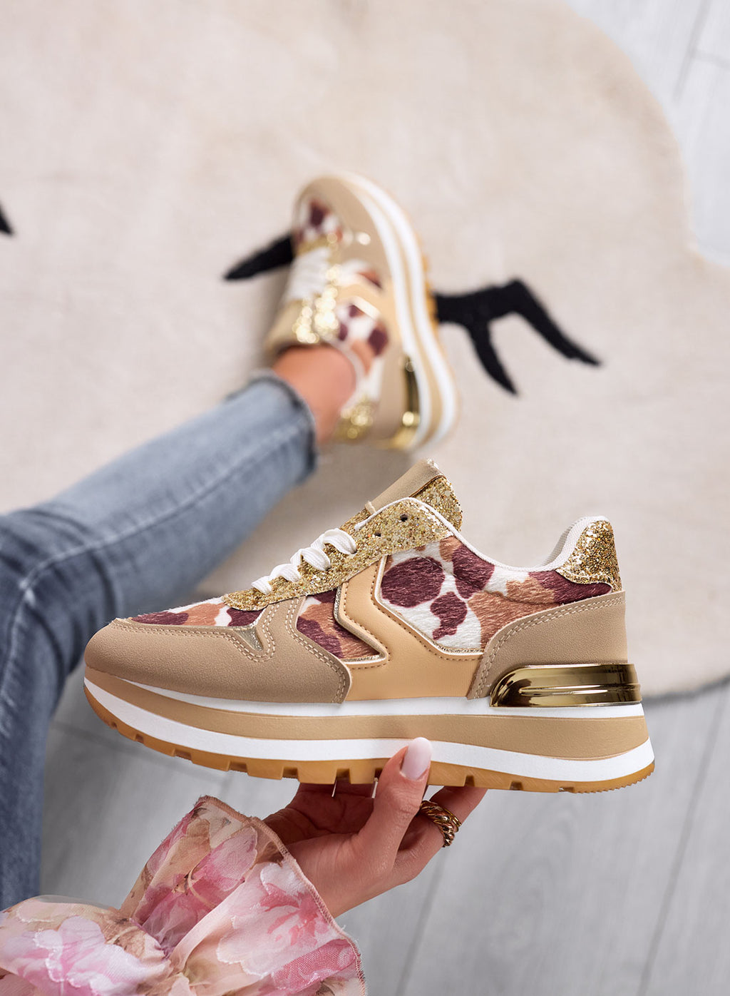 DIXON - Sneakers donna fango con glitter oro e dettagli animalier