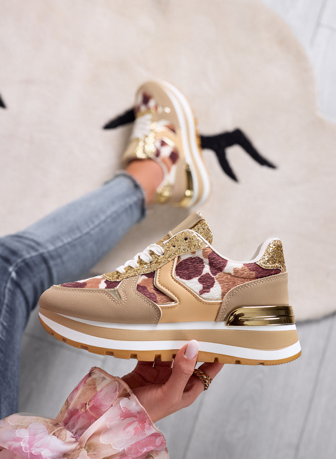 DIXON - Sneakers donna fango con glitter oro e dettagli animalier