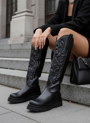 LINA - Black Alexoo camperos boots with embossed embroidery