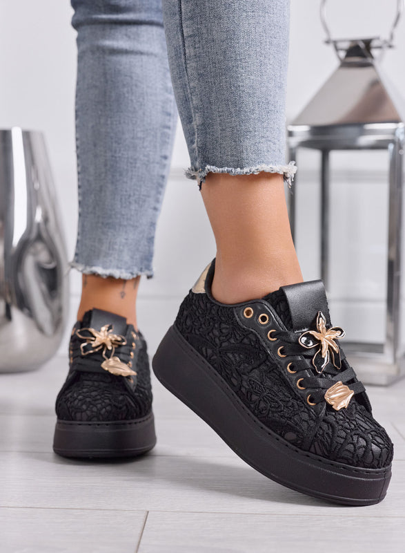 HOPE - Sneakers Donna nere in Pizzo con Applicazioni Floreali Oro