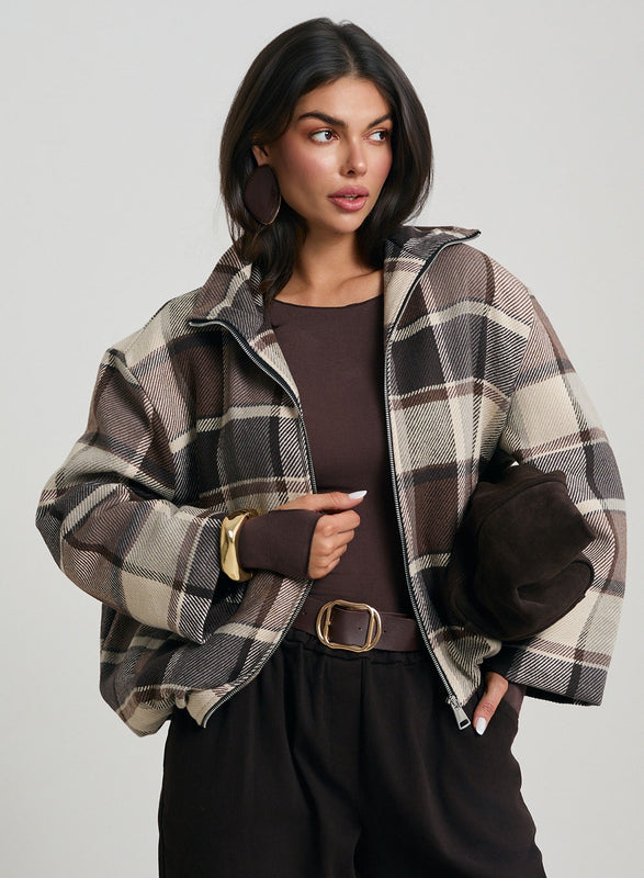 Blouson bomber à carreaux marron et beige