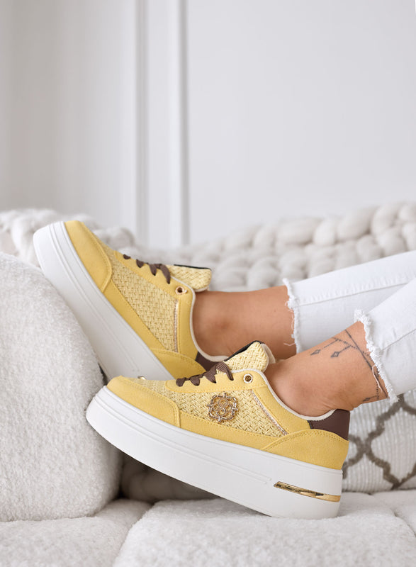 CLARA - Sneakers gialle Platform con Inserti Intrecciati e Dettagli marroni