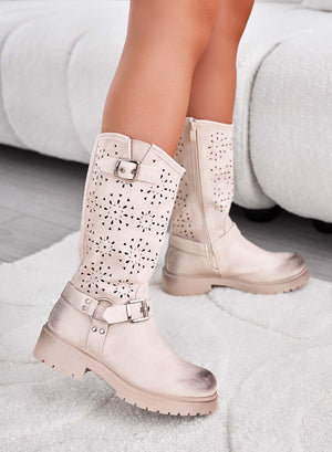 Beige perforated ankle boots with buckles