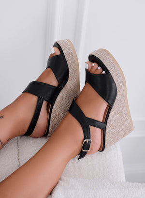 DEVON - Black sandals with jute wedge