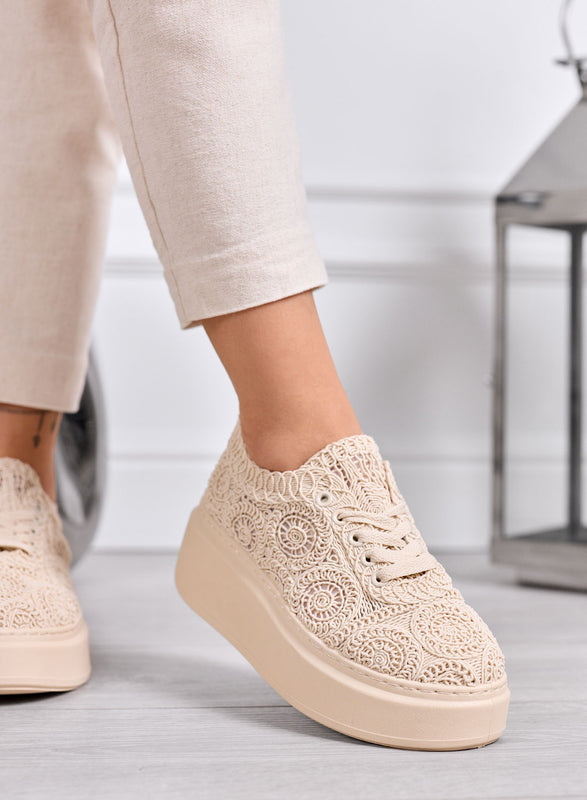 VALERIA - Sneakers platform beige in pizzo con suola alta