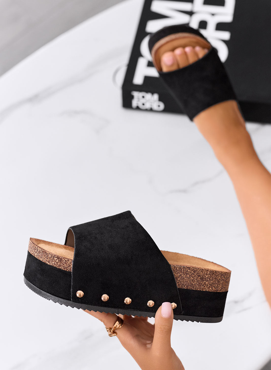 ORIO - Sandali Zeppe neri platform con fascione largo e rivetti laterali
