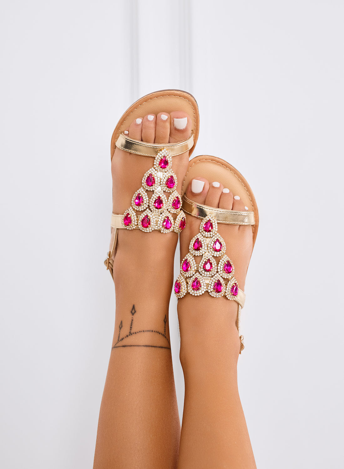 MOLLY - Sandali gioiello oro con strass fuxia a goccia