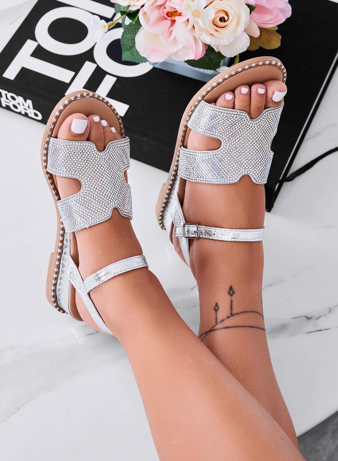 KANDIS - Silver low sandals with wedge heel and iridescent rhinestones