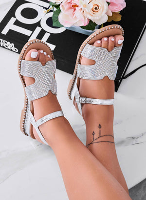 KANDIS - Silver low sandals with wedge heel and iridescent rhinestones