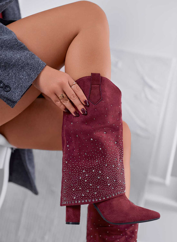 PAIGE - Stivali bordeaux camperos con strass