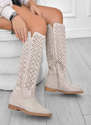 KYLA - Beige perforated boots with internal wedge