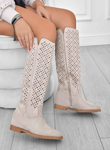 KYLA - Beige perforated boots with internal wedge