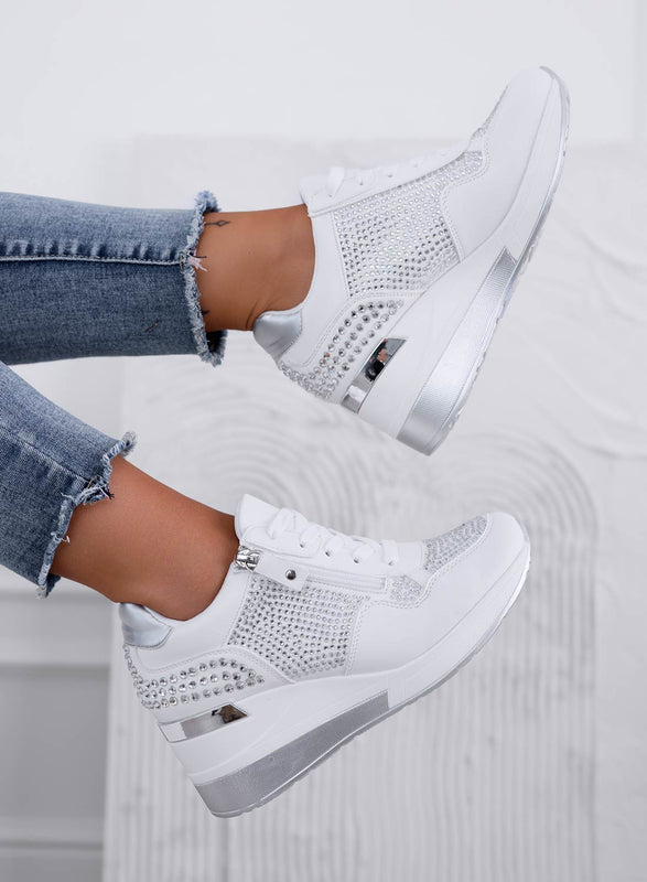 MIRROW - Sneaker bianche gioiello con strass e zeppa