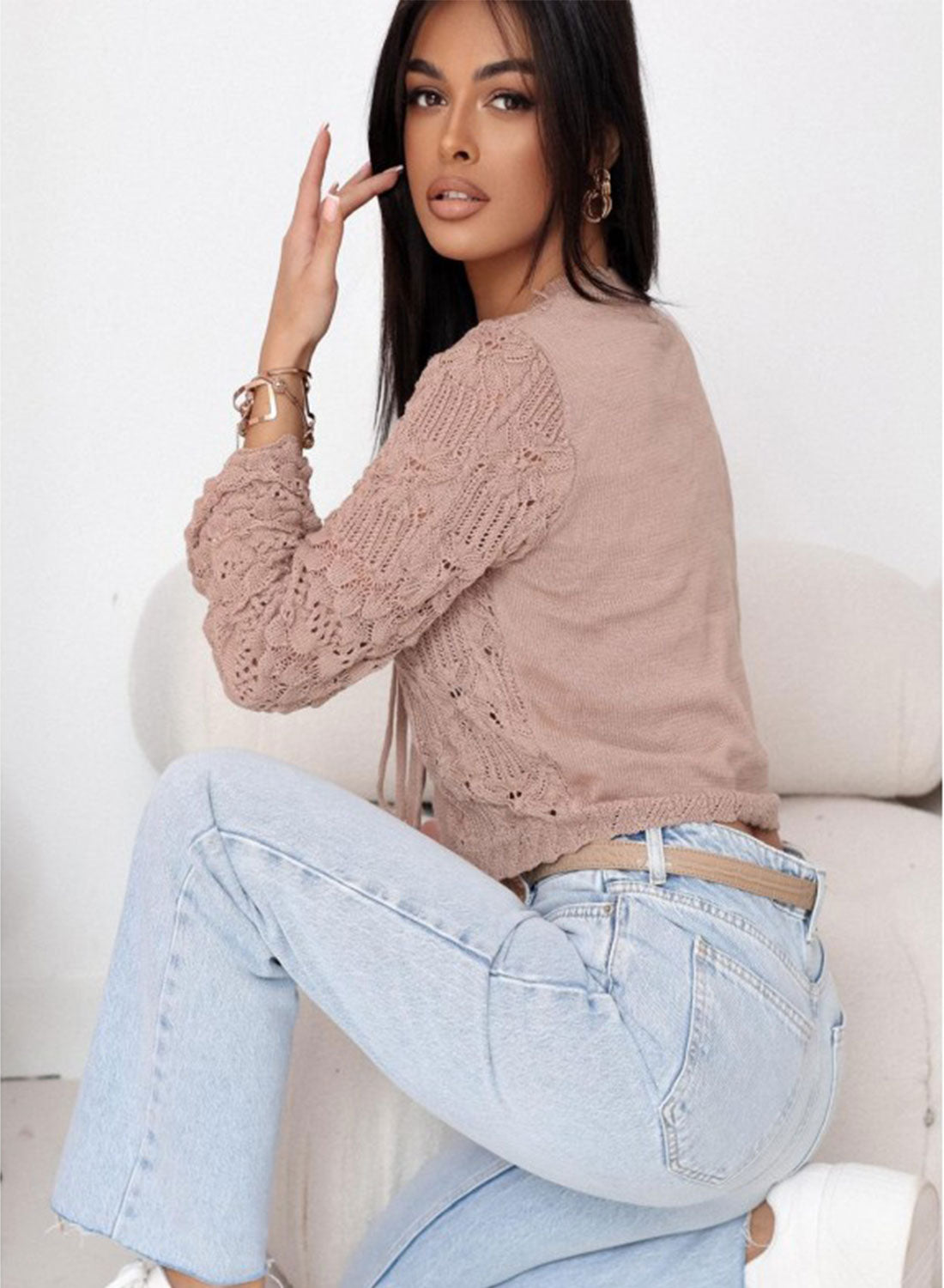 Short taupe openwork knit cardigan with long sleeves and ties