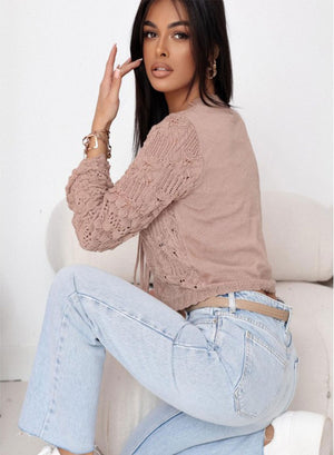 Short taupe openwork knit cardigan with long sleeves and ties