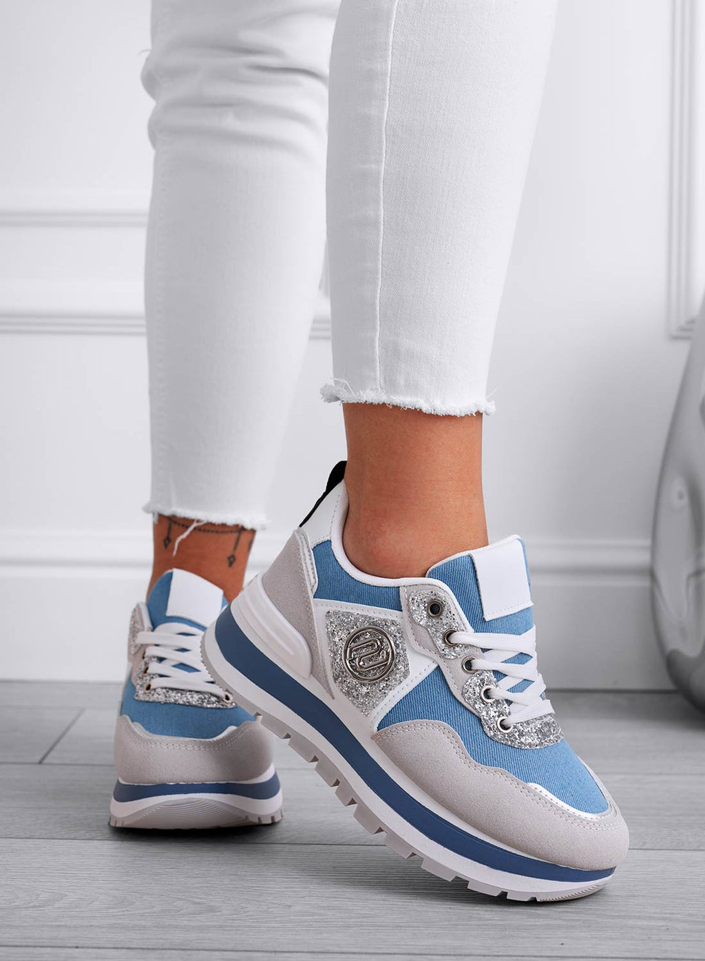 ERSILIA - Sneakers blu in tessuto con inserti argento