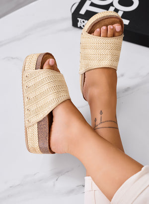 GIUSY - Beige platform sandals and slippers in braided rope with high sole