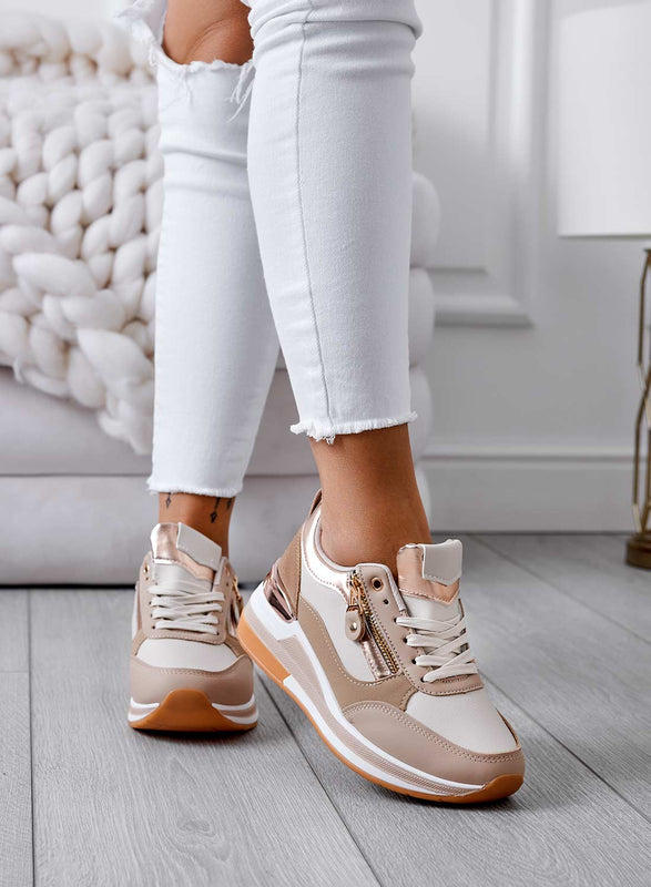 VALENTINA - Sneakers beige con inserti oro rosa