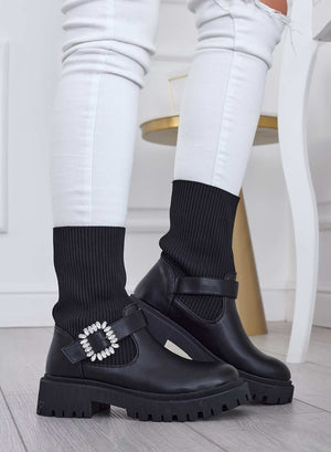 Black fabric ankle boots with jeweled buckle