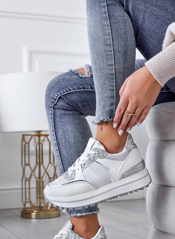 SILVANA - Sneakers bianche con inserti glitter argento