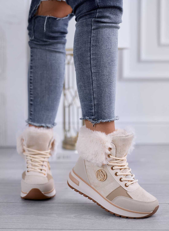 RITA - Sneakers beige con zeppa e bordo in ecopelliccia