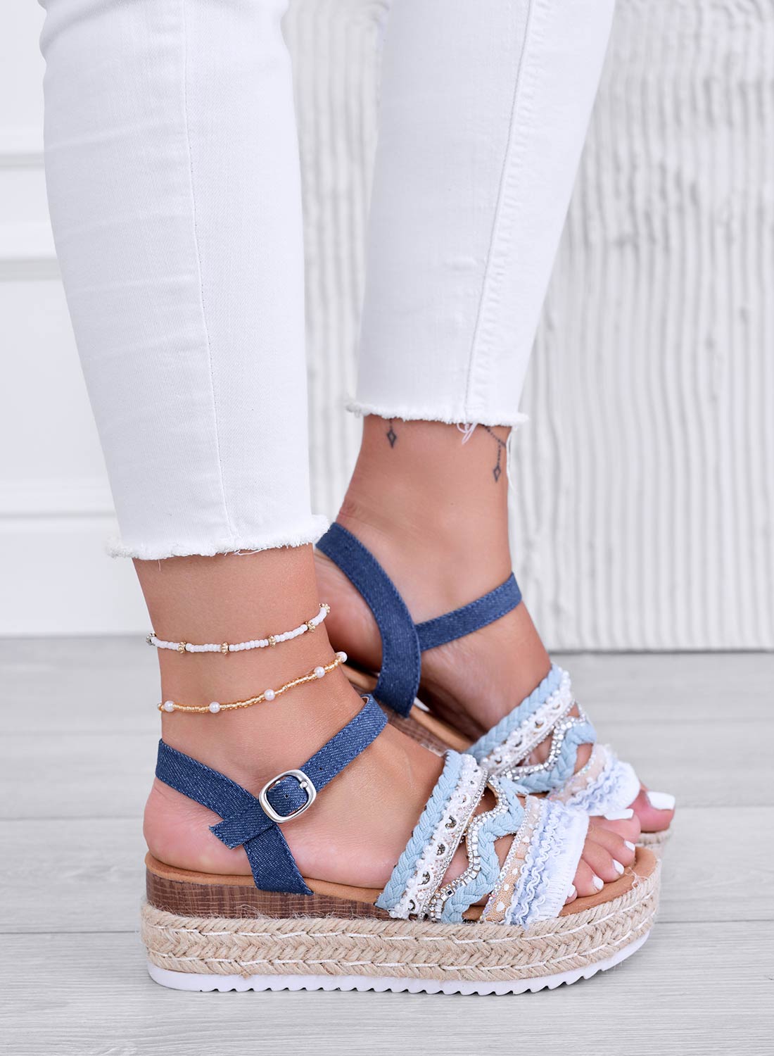 OLIVER - Sandali espadrillas blu jeans con zeppa e strass